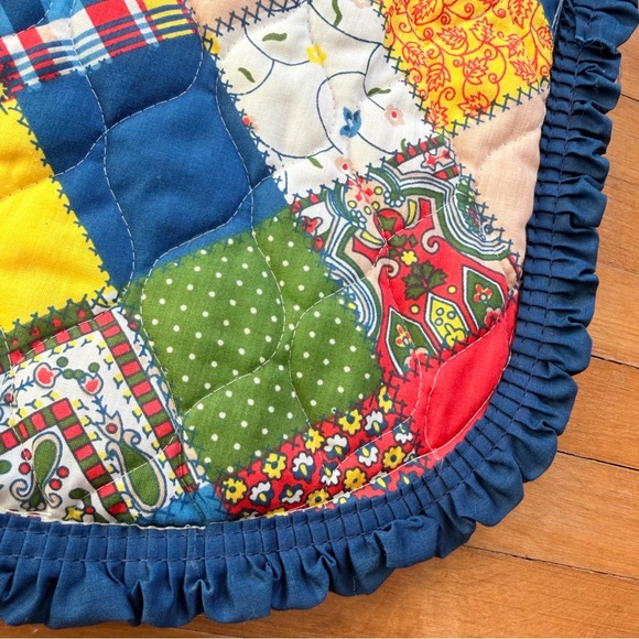 Vintage LARGE PATCHWORK PURSE Bag Wood Wooden Handles 1970s Knitting Needlework - Picture 5 of 6